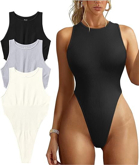 Women's Ribbed Sleeveless Halter Bodysuit Sexy High-Cut