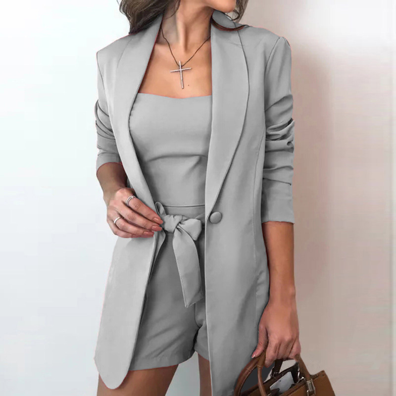 Women's 3-Piece Solid Color Vest Blazer & High-Waist Shorts Set