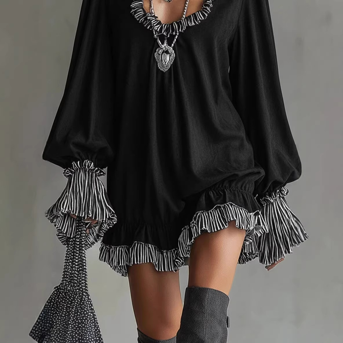 Black Ruffle-Trim Princess Dress Slimming Short A-Line