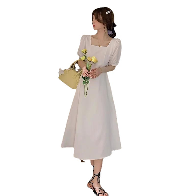 Women's Square Neck A-Line Midi Dress with Short Sleeves and Cinched Waist