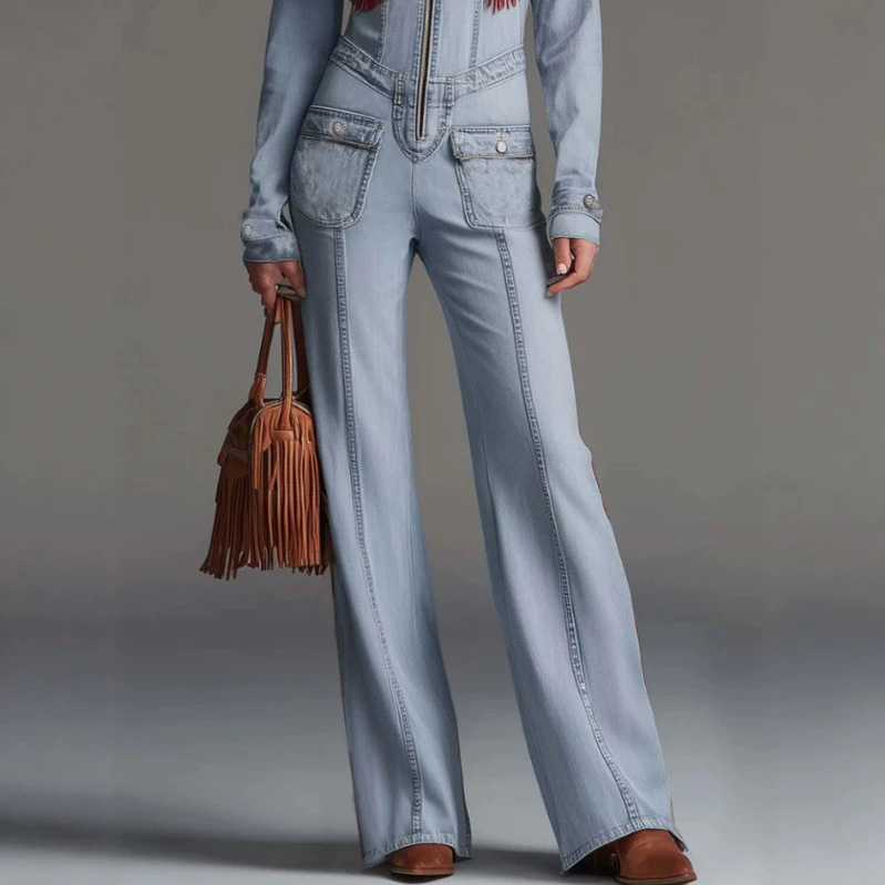 Retro Blue Red Fringe Zip Jumpsuit