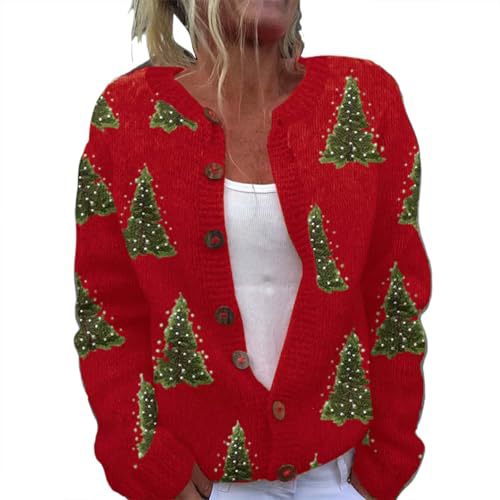Women's Christmas Santa & Floral Print Button Cardigan Sweater