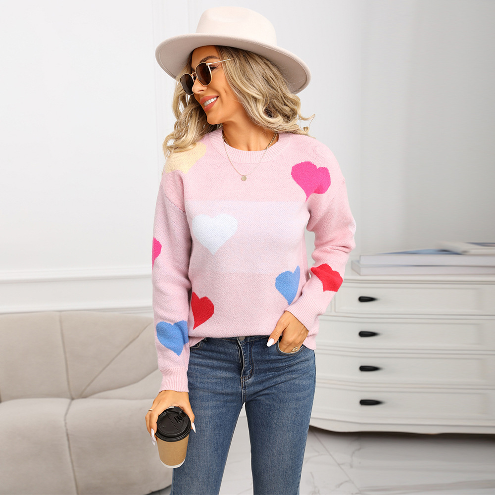 Heart Pattern Crewneck Knit Pullover Sweater
