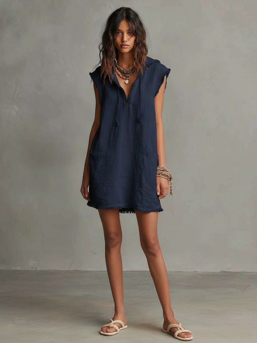 Women's V-Neck Linen-Blend Sleeveless Mini Dress with Hood and Raw Hem