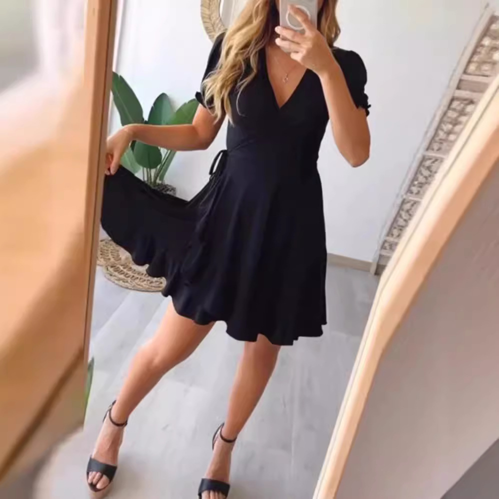 Women's Solid V-Neck Ruffle Short Sleeve Midi Dress