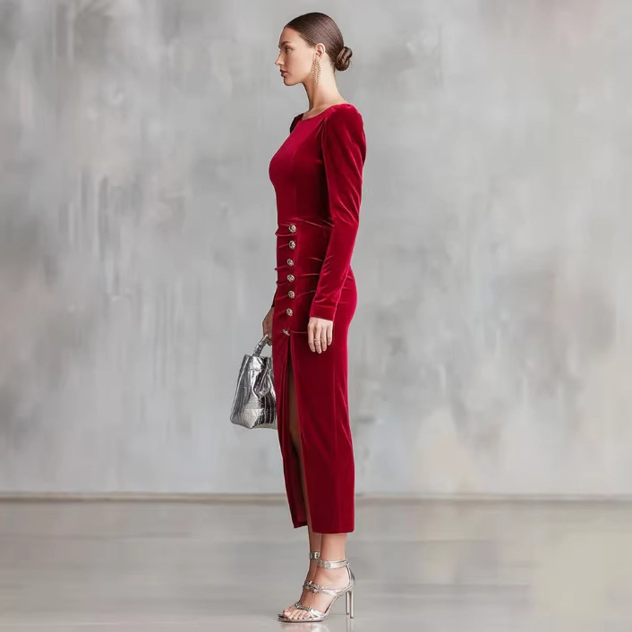 Elegant Crewneck Side-Slit Long-Sleeve Velvet Midi Dress