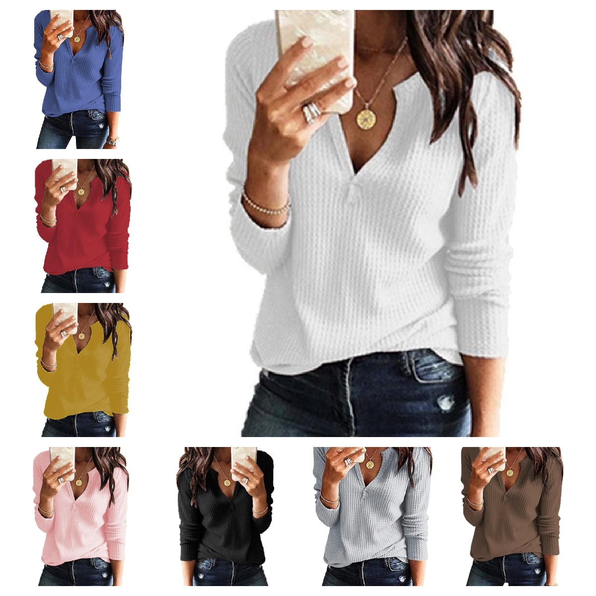 Women's Waffle Knit V-Neck Long Sleeve Top