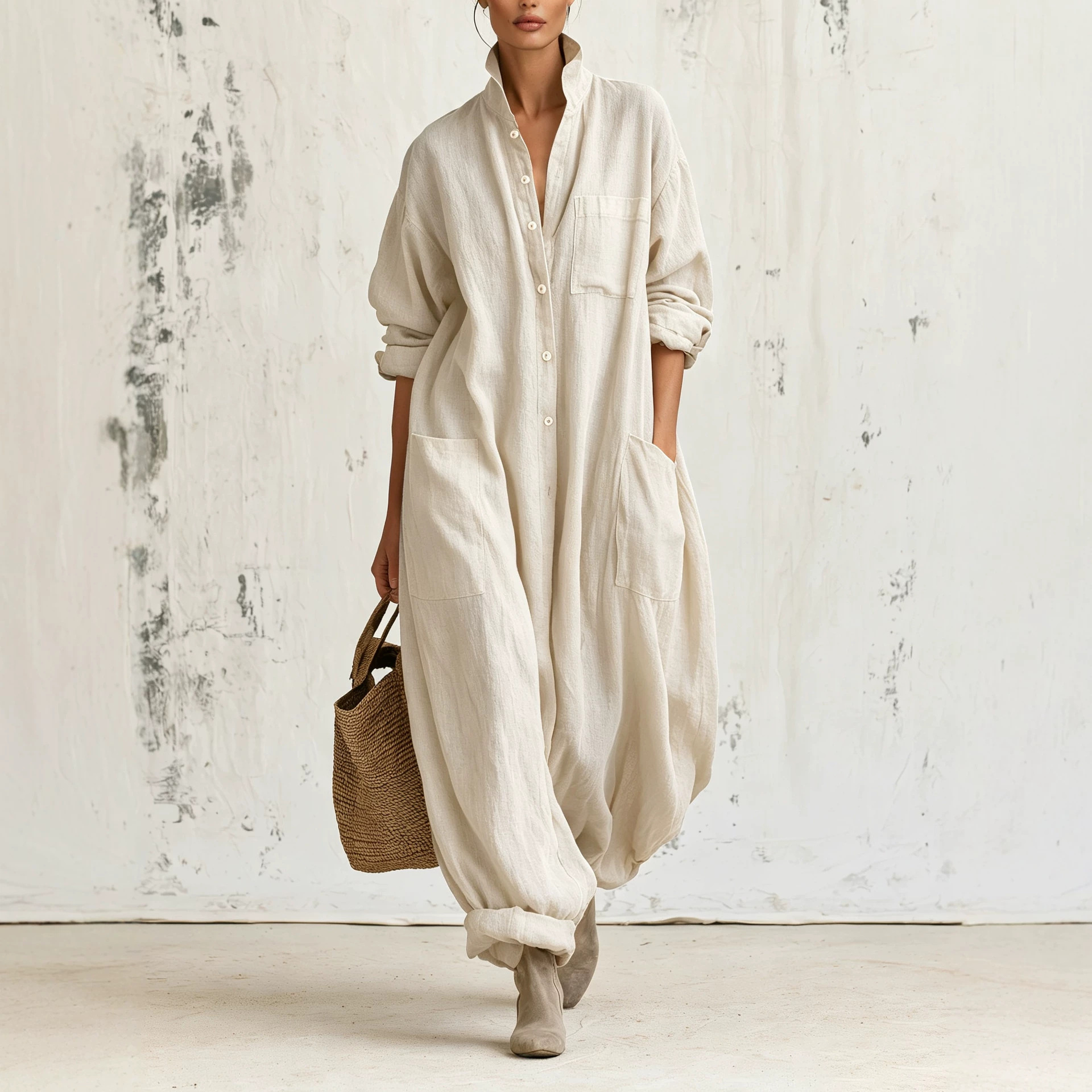 Linen Long Sleeve Jumpsuit with Stand Collar, Button Front, Cargo Pockets, Wide Leg
