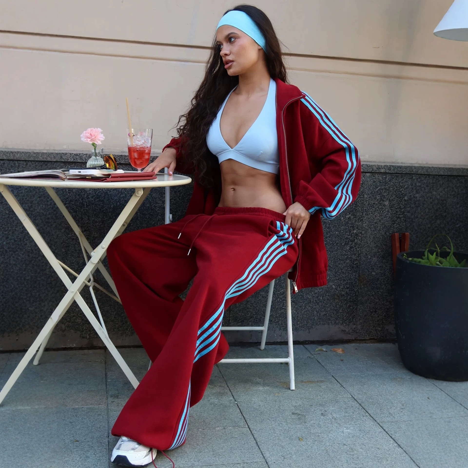 Women's Color-Block Three-Stripe Zip-Up Stand Collar Jacket and Wide-Leg Pants Cotton-Blend Two-Piece Set