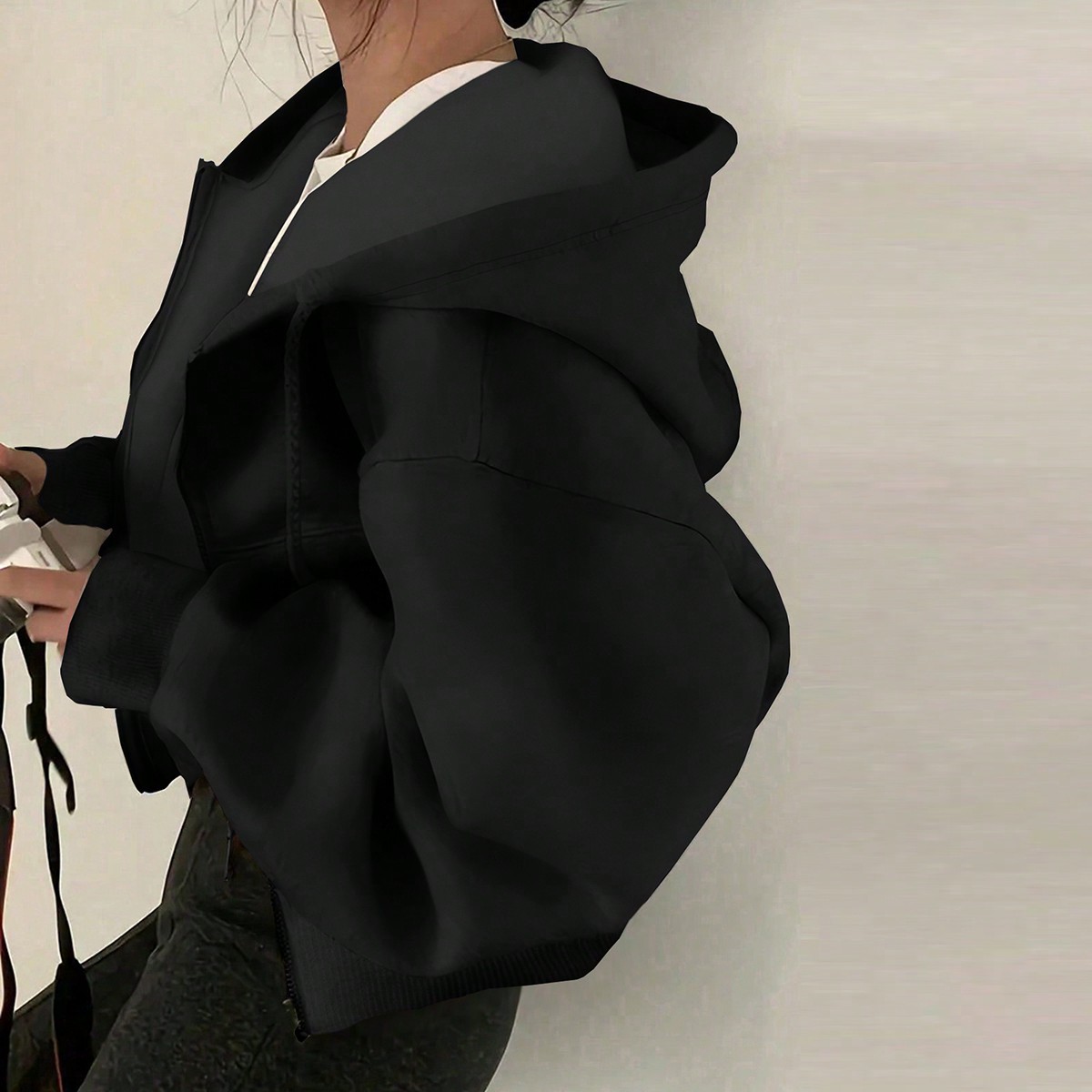 Drawstring Hooded Zip-Up Cropped Hoodie