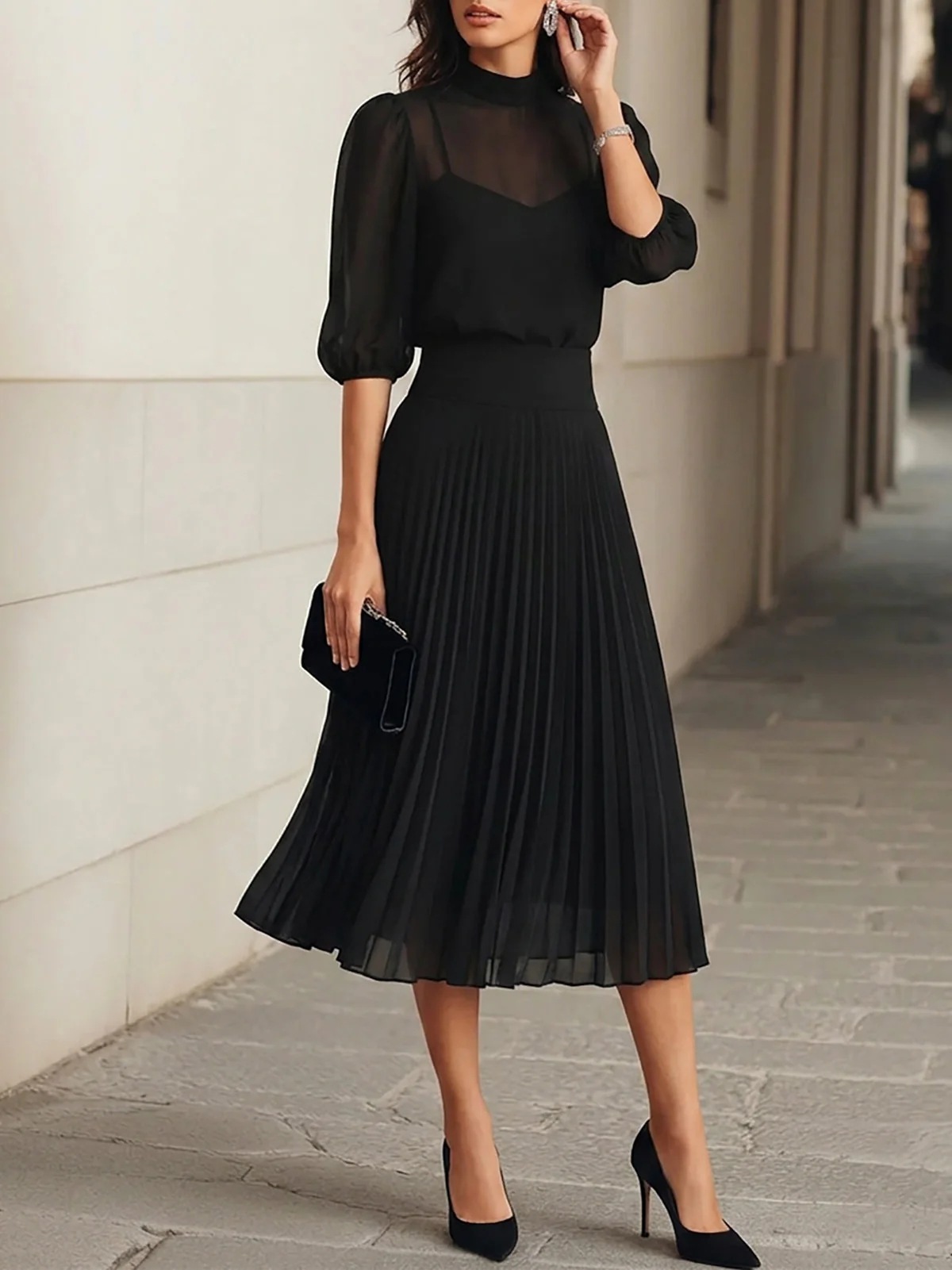 Sheer Puff-Sleeve Mock-Neck Top & High-Waist Pleated Midi Skirt Two-Piece Set