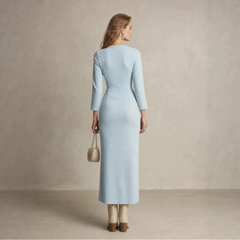 Light Blue V-Neck Slit Long Dress