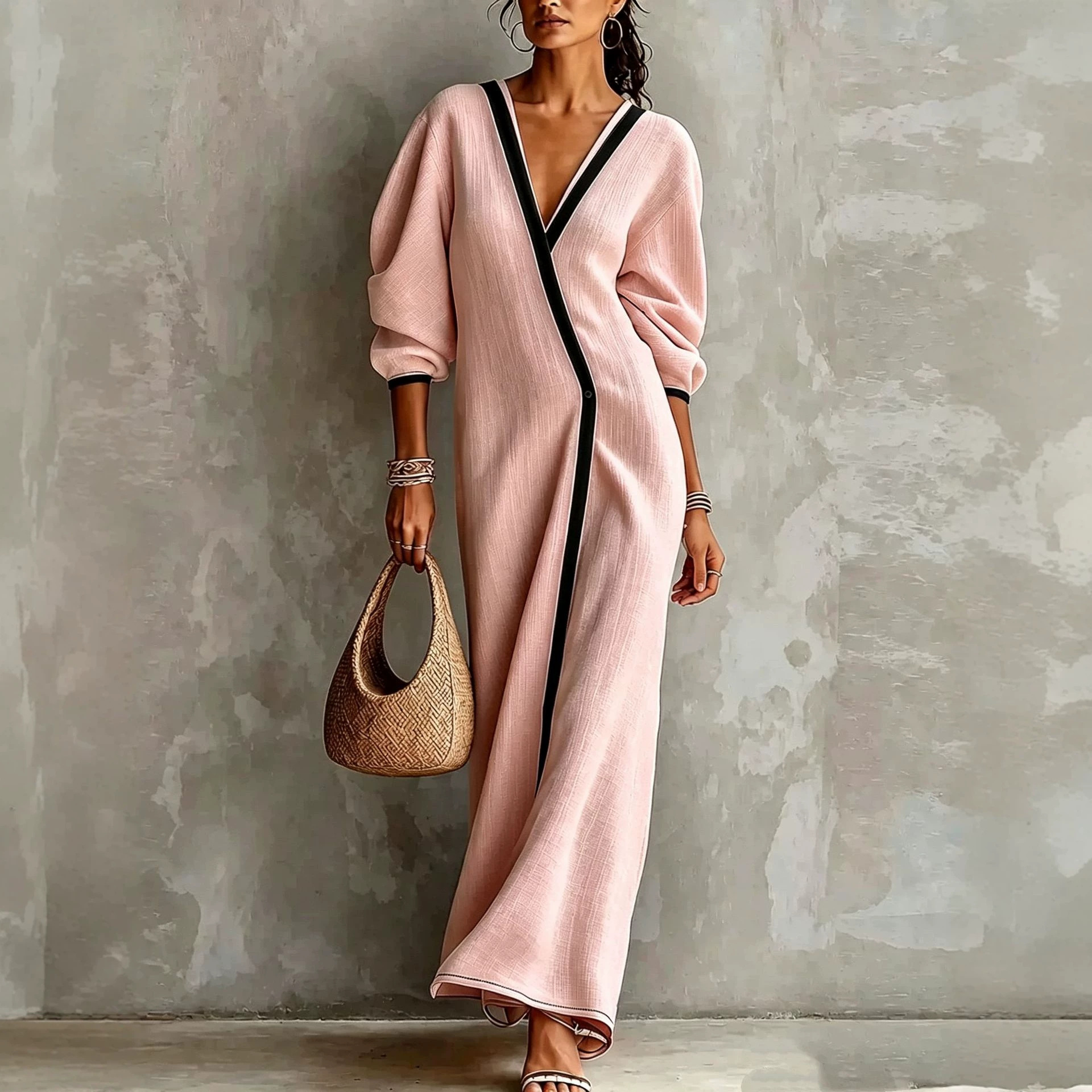 V-Neck Long Sleeve Knit Dress Loose Casual Long Cardigan Sweater Dress