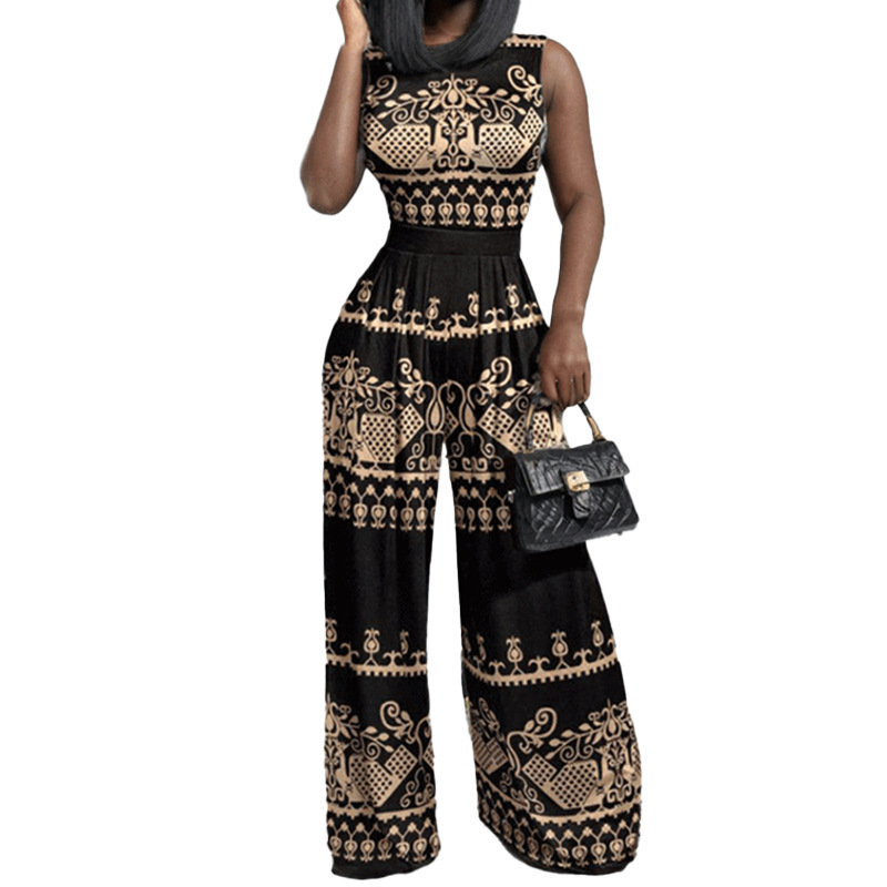 Women's Sleeveless Printed Jumpsuit Slim Fit Wide-Leg Pants