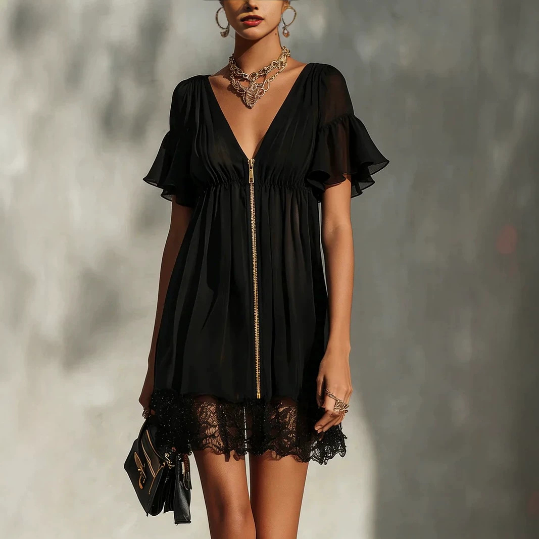 V-Neck Short Sleeve Zip Bell Sleeve Ruffle Solid Dress