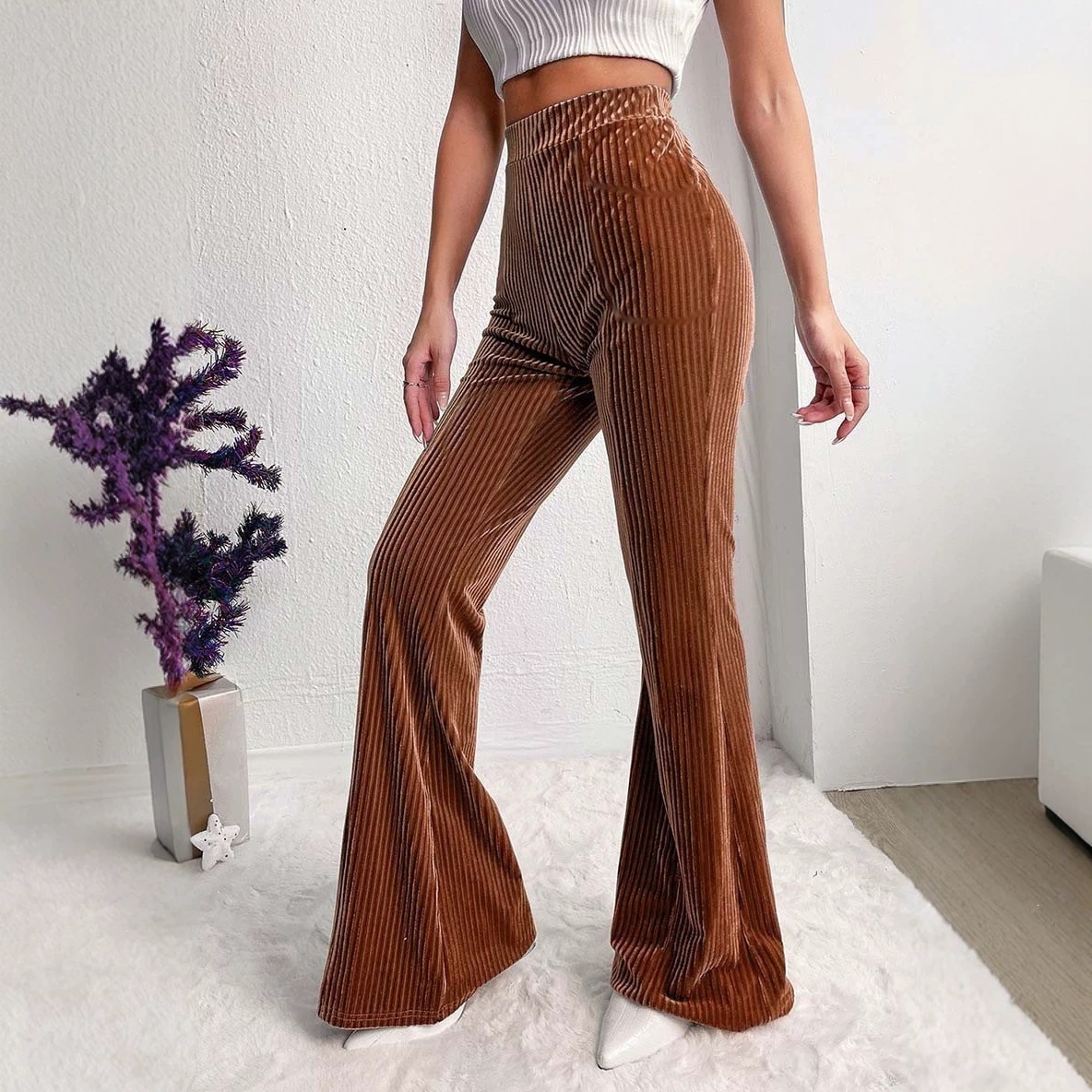 Ribbed Velvet High-Waist Flare Pants with Pockets