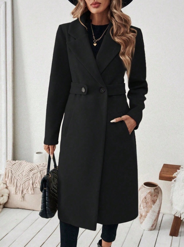 Women's Wool-Blend Double-Breasted Long Coat with Lapel Collar, Gray
