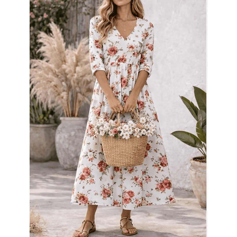 V-Neck Long Sleeve Floral Print Polyester Dress