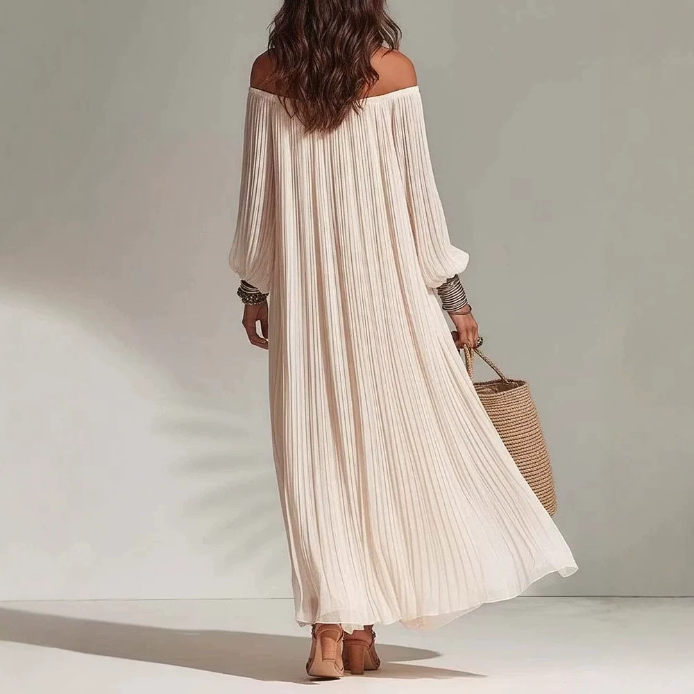 Off-Shoulder Ruched Bubble Sleeve Long Vacation Dress