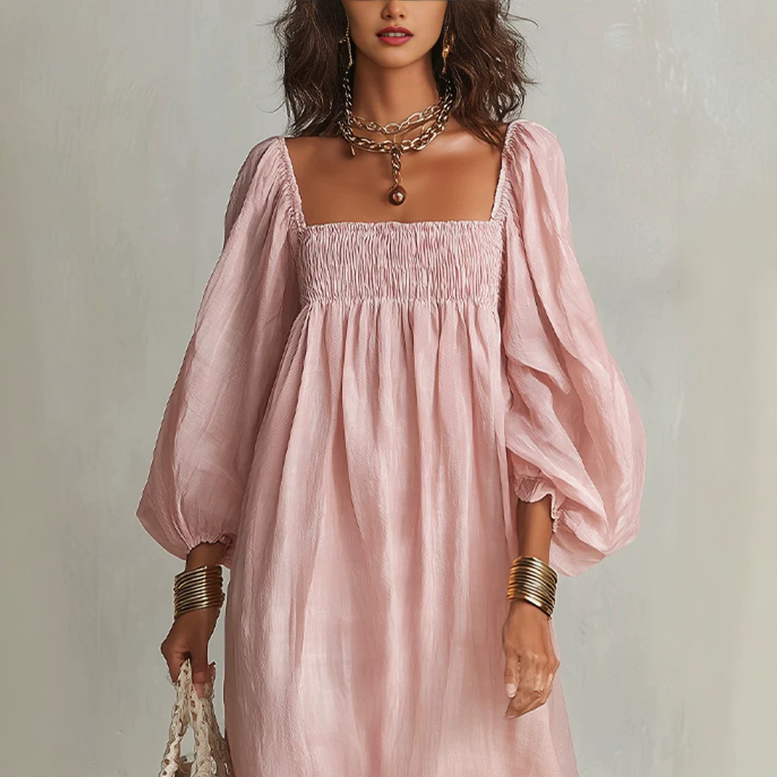 Elegant Square Neck Long Sleeve Loose Vacation Dress