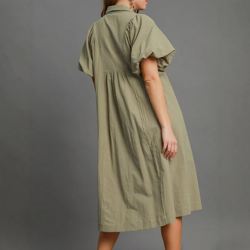 Women's V-Neck Puff Sleeve A-Line Dress