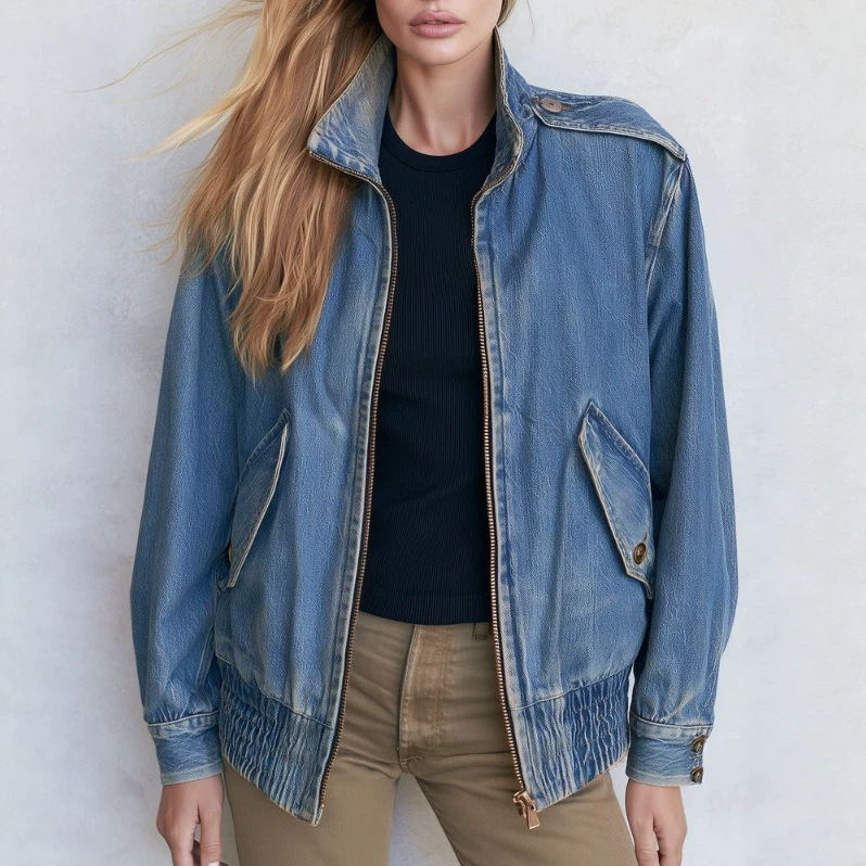 Retro Stand Collar Zip Washed Denim Blue Bomber Jacket