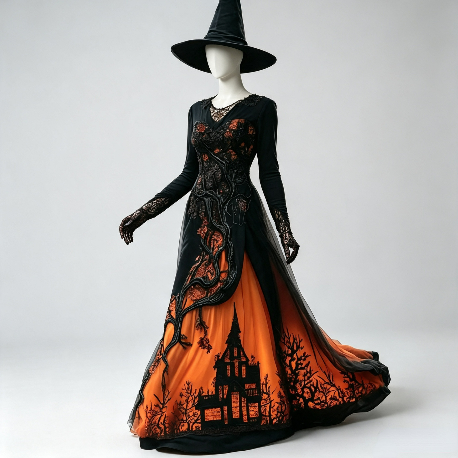 Halloween Tree Branch Lace Chiffon Long Dress