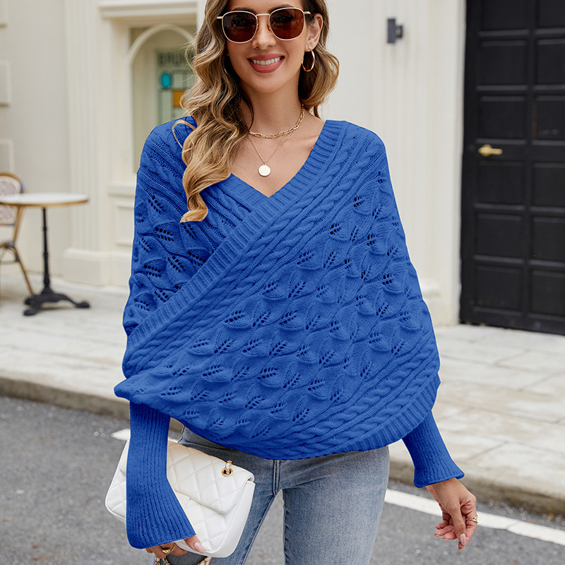 Women's Casual Knit Batwing Sleeve Hollow-Out Poncho Sweater
