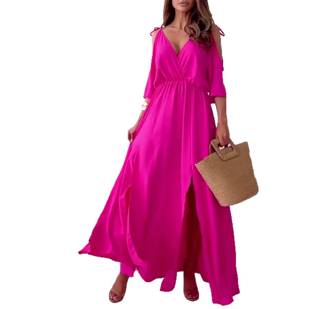 Solid Color Off-Shoulder V-Neck Cinched Waist A-Line Midi Dress with Five-Quarter Sleeves