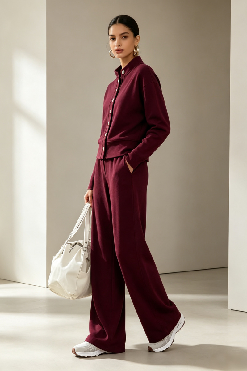 Women's Solid Stand-Collar Cardigan Hoodie & Wide-Leg Pants Set