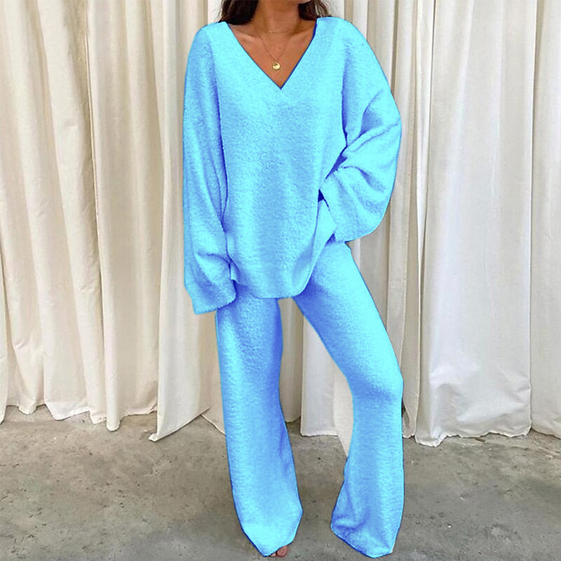 Women's Solid V-Neck Long-Sleeve Two-Piece Loungewear Set Warm Comfortable
