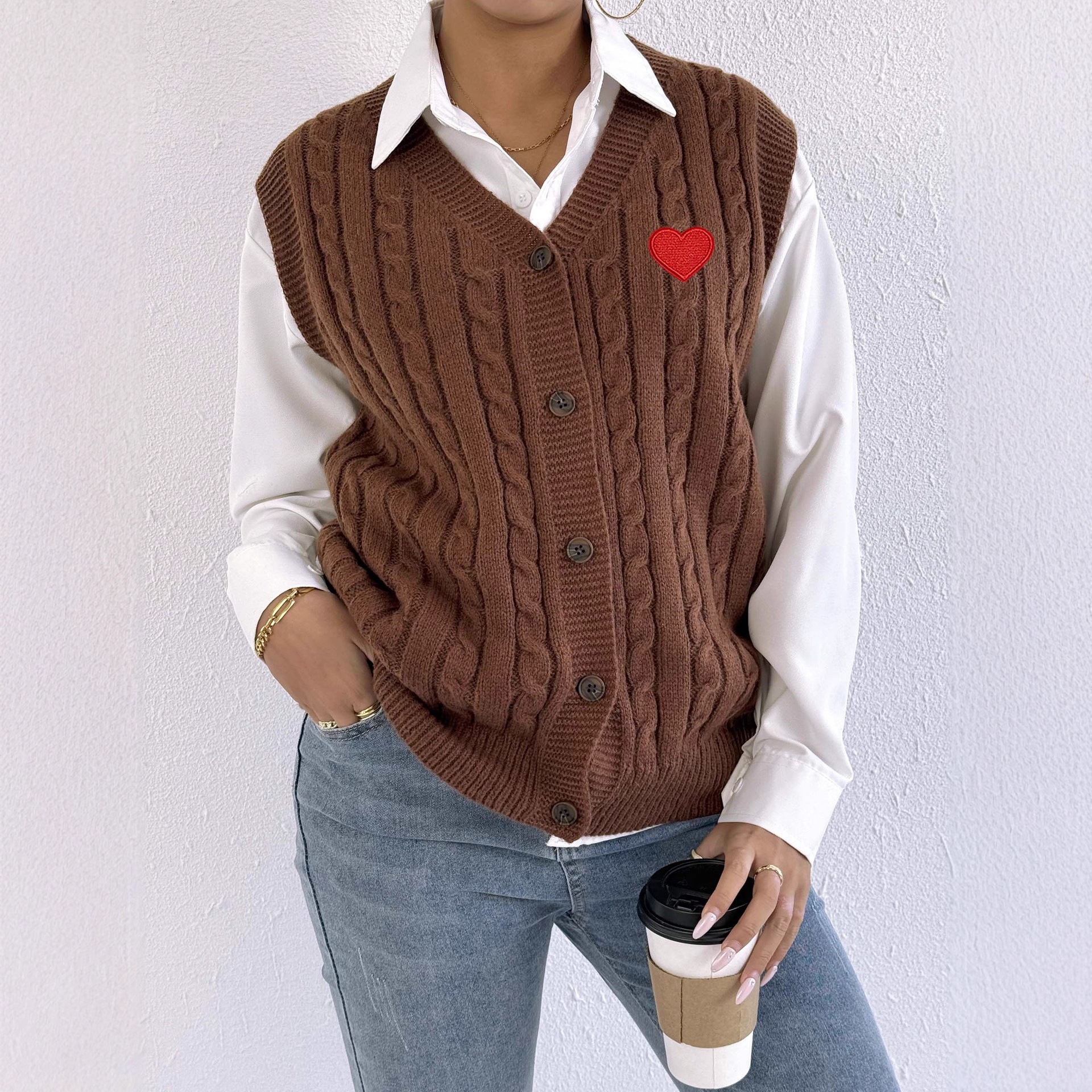 Women's Cable-Knit Cardigan Vest with 3D Floral Applique