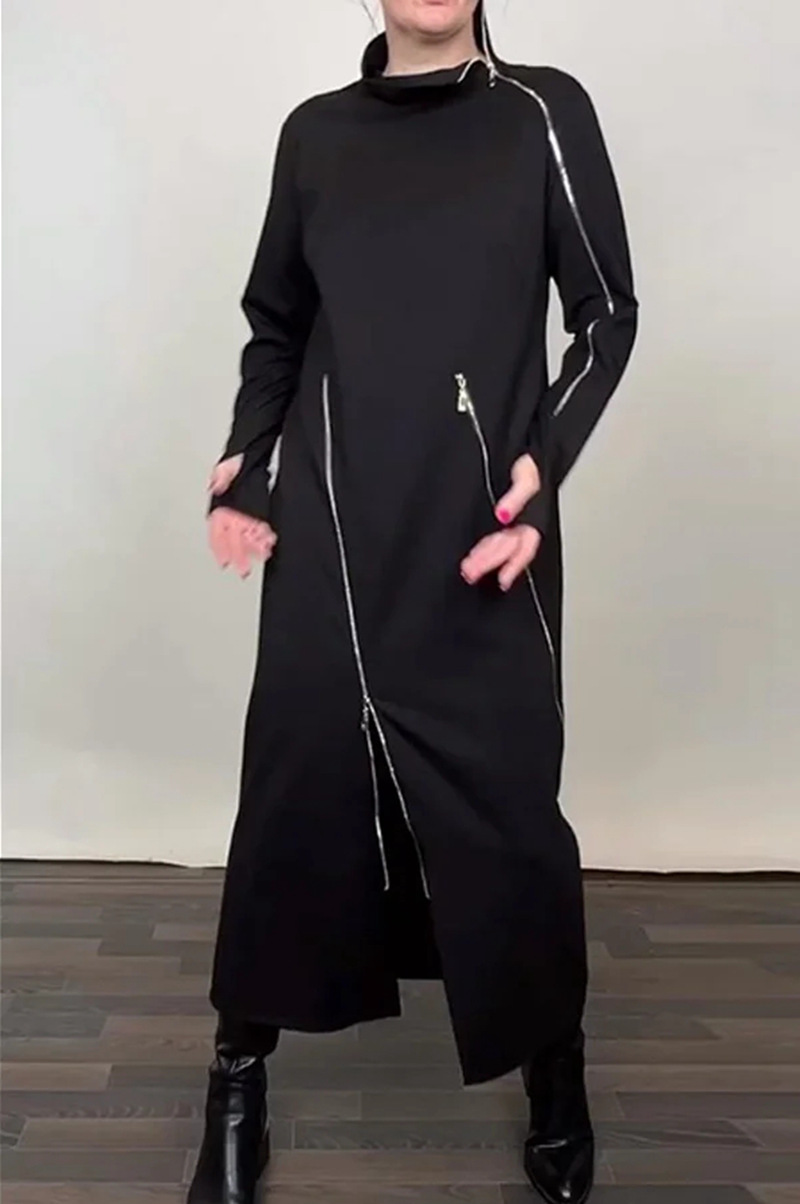 Women's Solid High Neck Zip Long Sleeve Dress