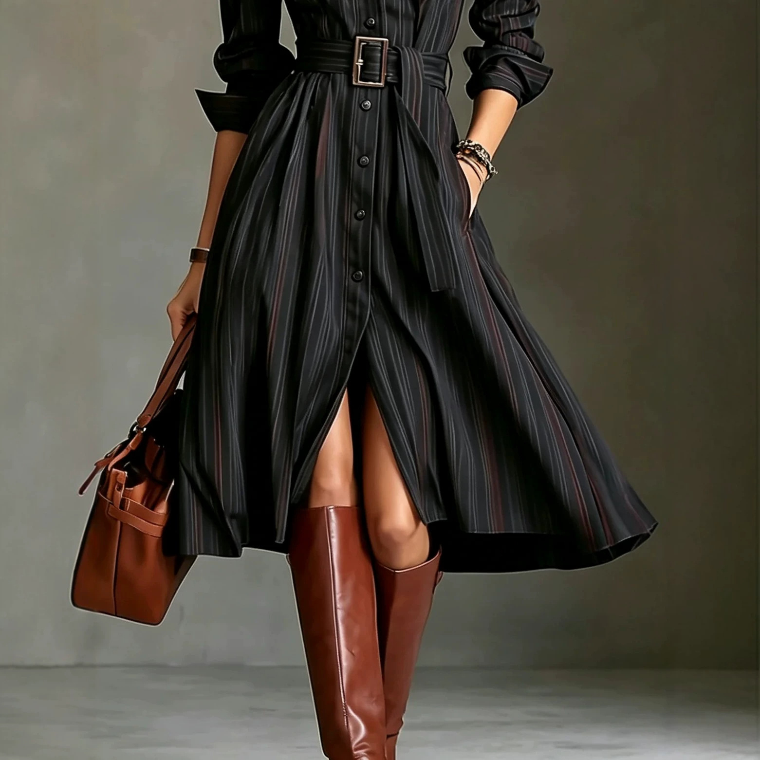 Retro Pinstripe Shirt Dress with Belt High Waist Midi