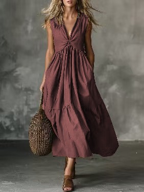 Solid Sleeveless V-Neck A-Line Maxi Dress