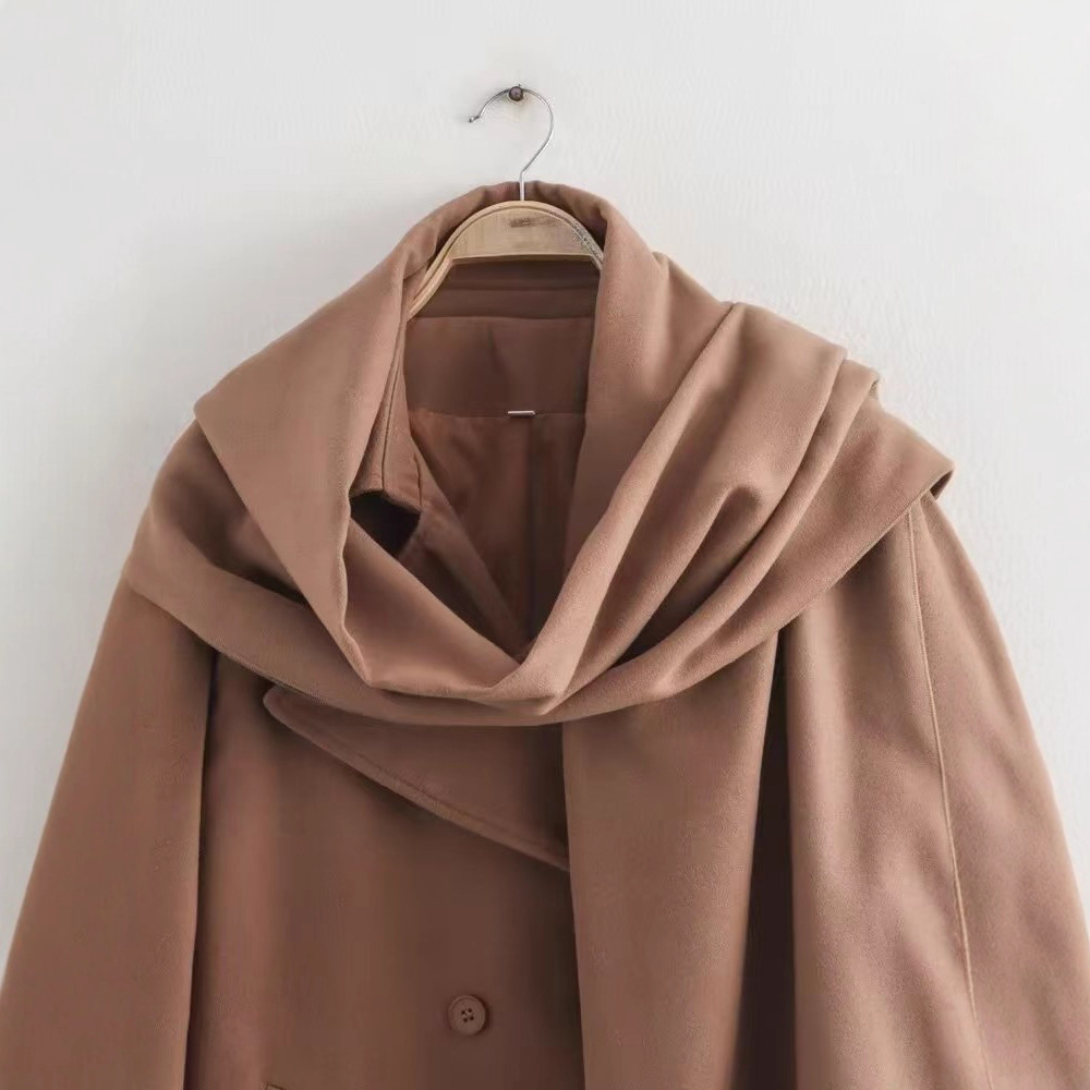 Women's Scarf-Collar Long Wool-Blend Coat Double-Breasted Loose Fit