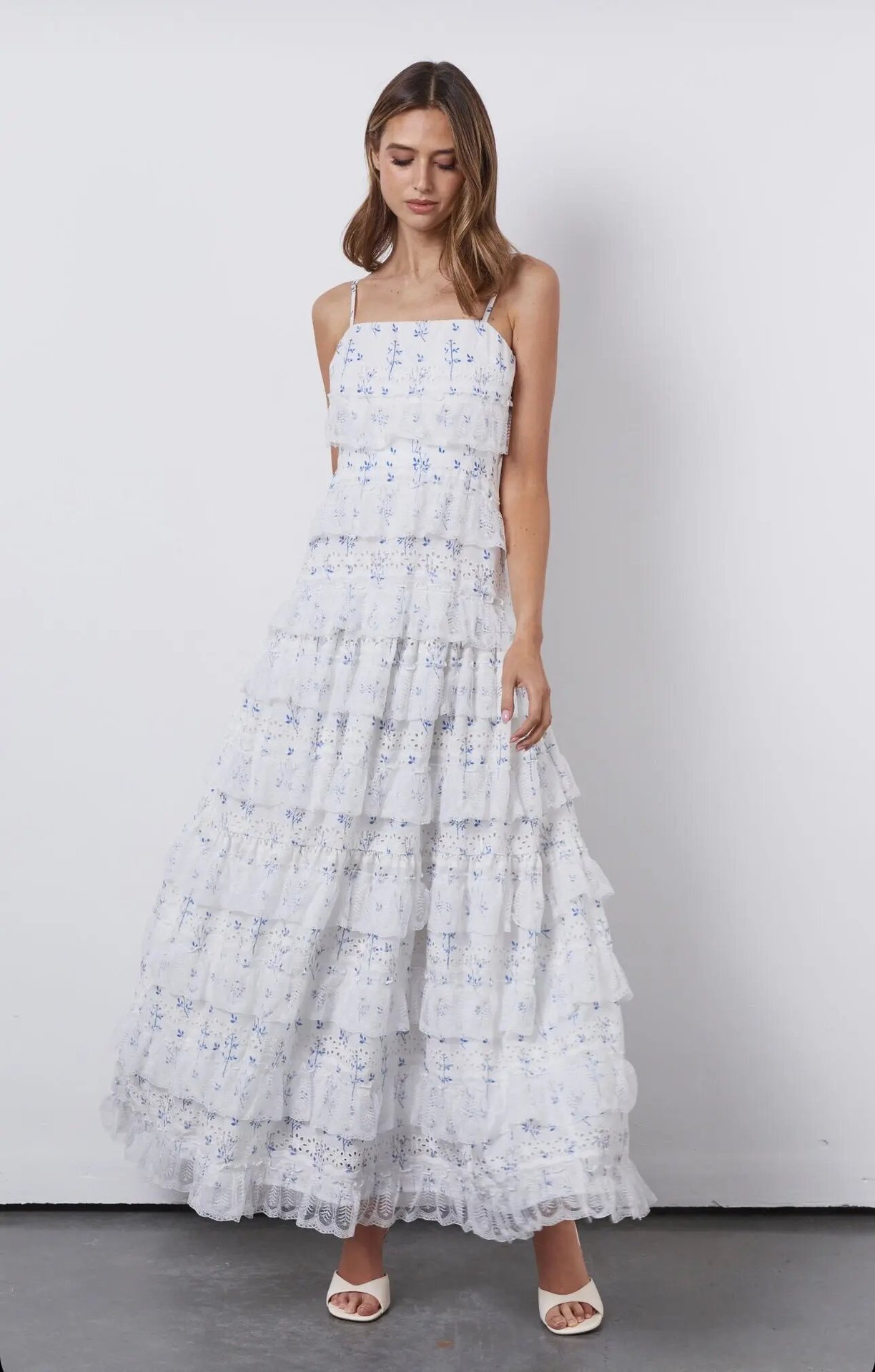 Lace-Trim Floral Print Tiered Cami Maxi Dress