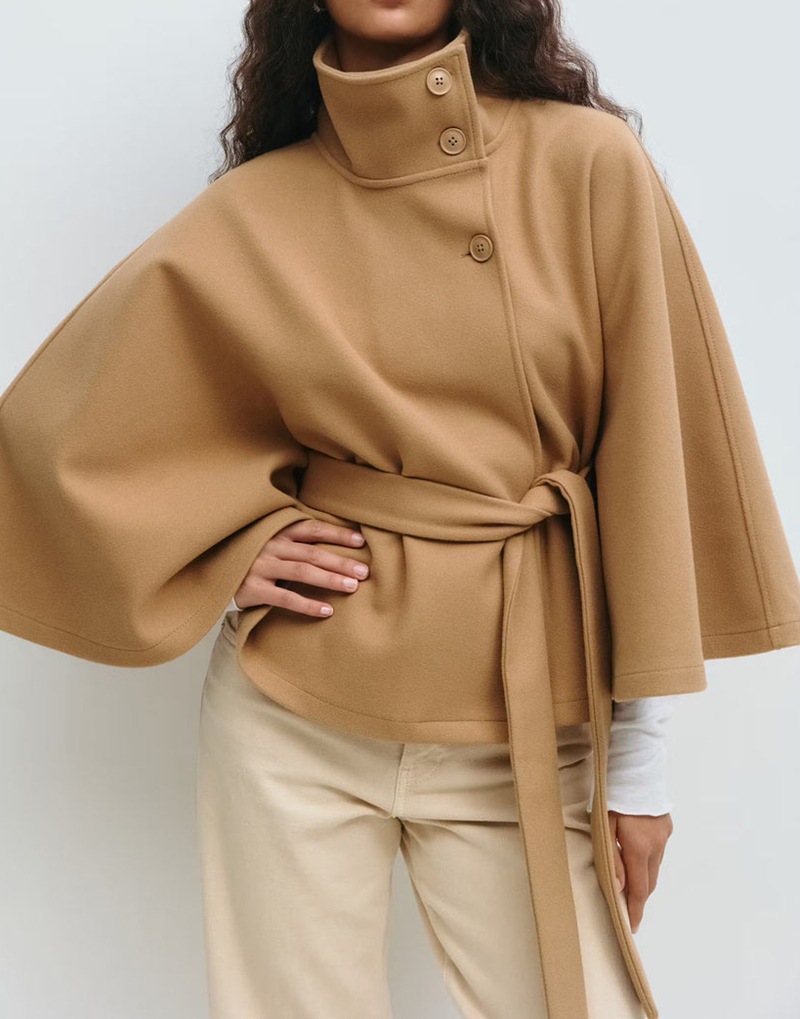 Women's Solid Color Wool-Blend Cape Coat with Stand Collar and Belt