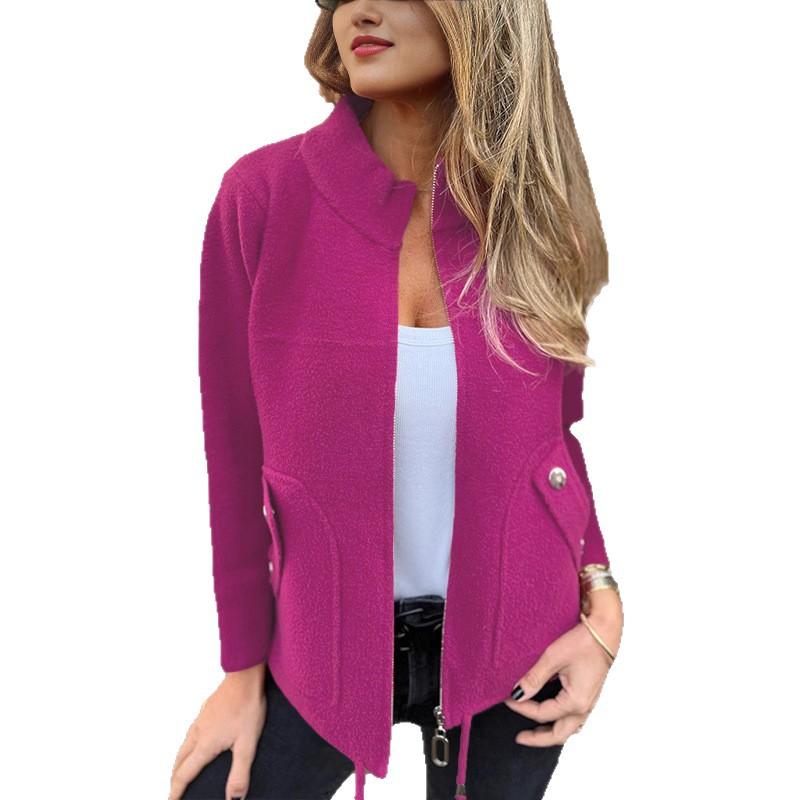 Women's Casual Wool-Blend Faux Pocket Blazer with Tie and Lapel Collar
