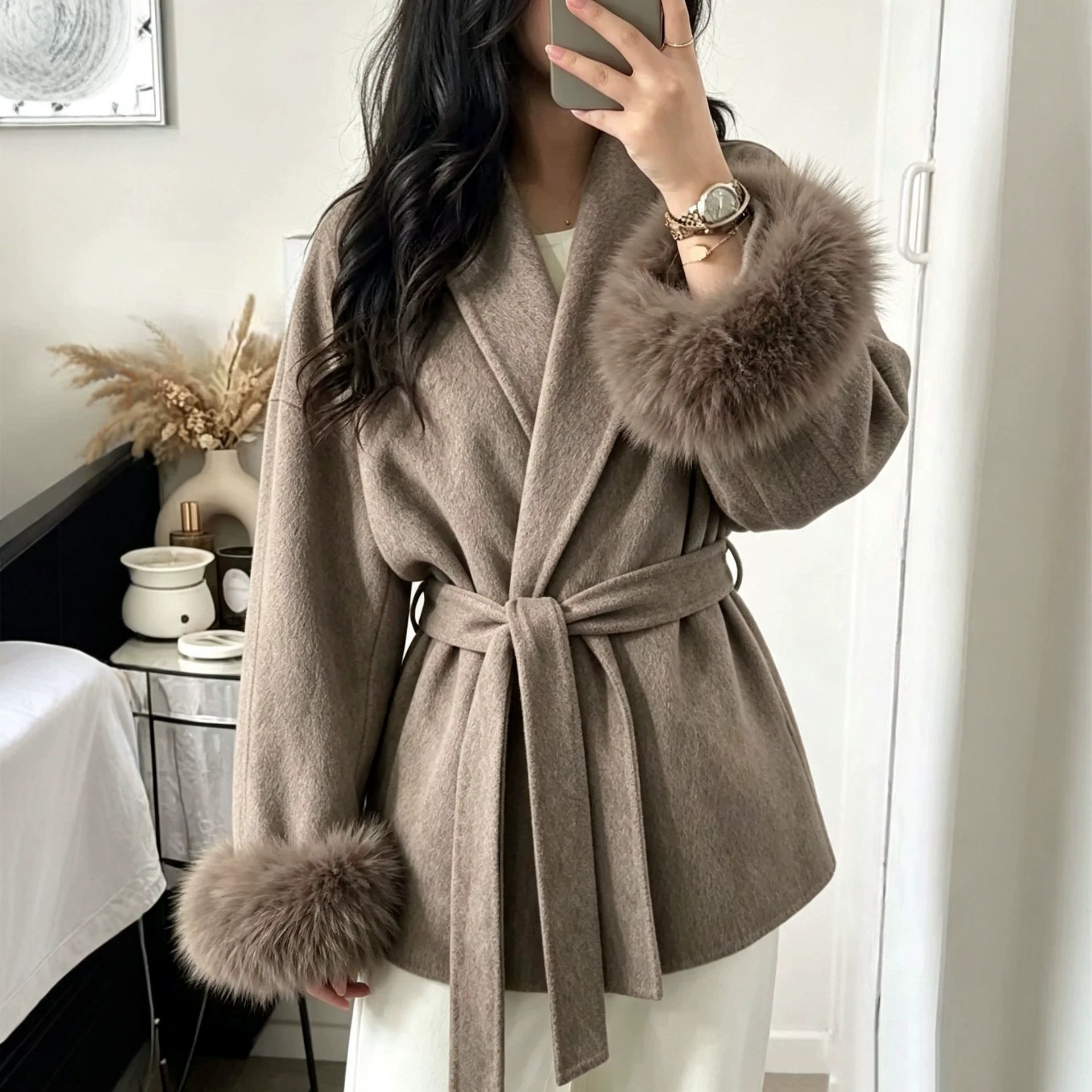 Women's Short Double-Faced Wool Coat with Fur Cuffs and Belt
