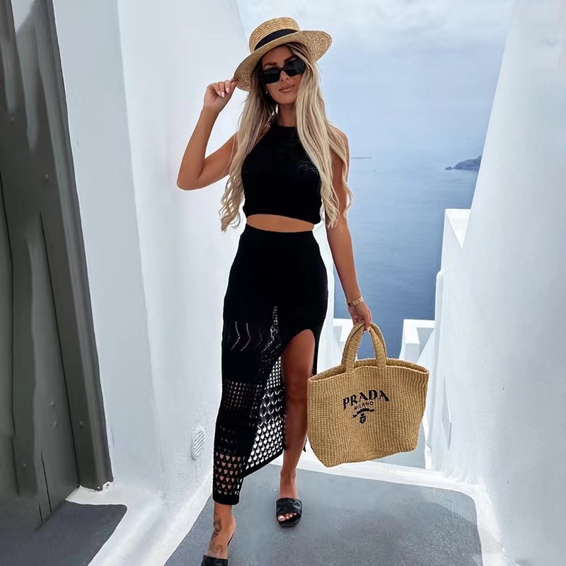 Sleeveless Knit Crop Top and Slit Maxi Skirt Two-Piece Beach Set