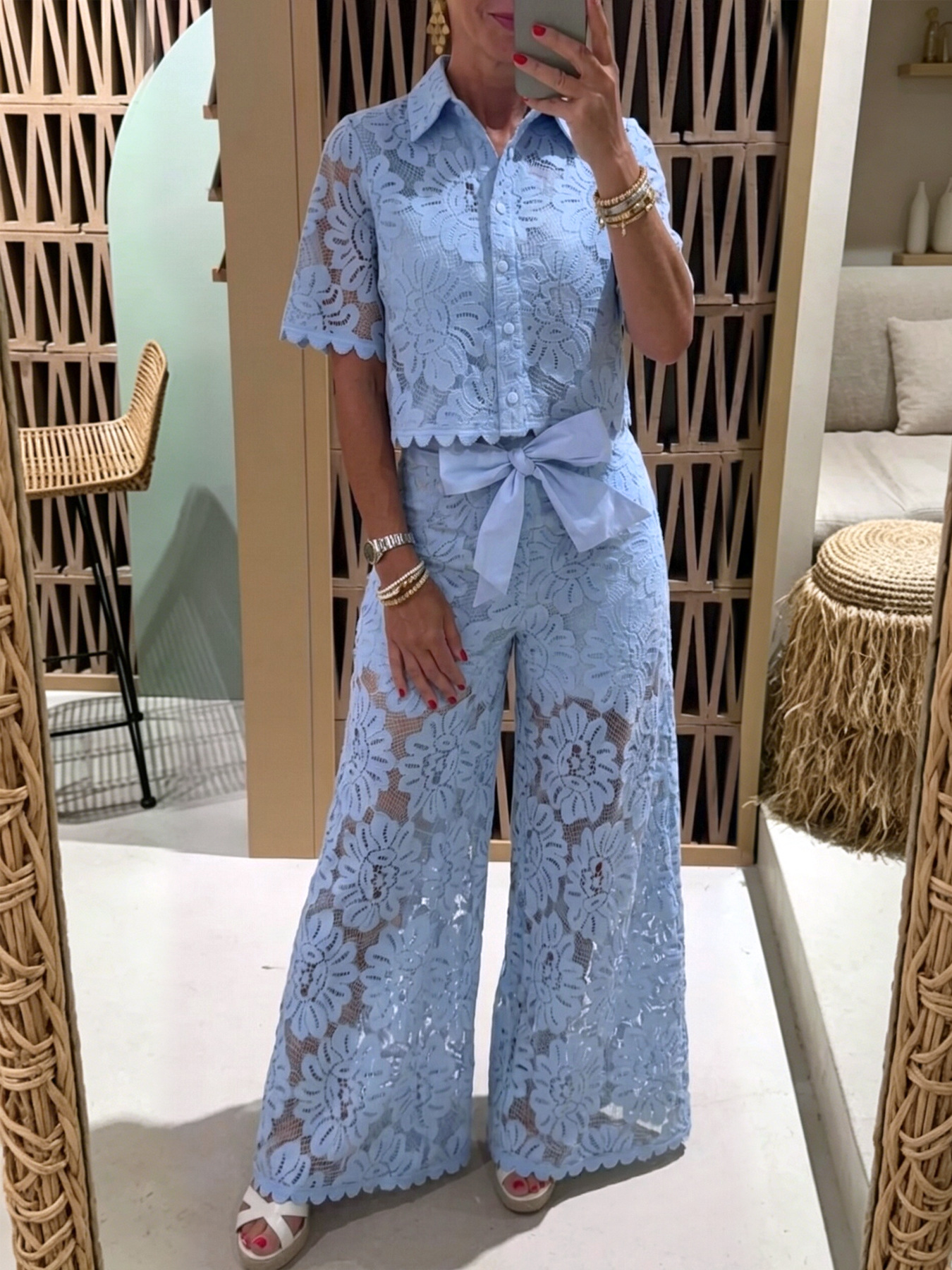 Women's Lace Crochet Short Sleeve Collared High Waist Pants Set