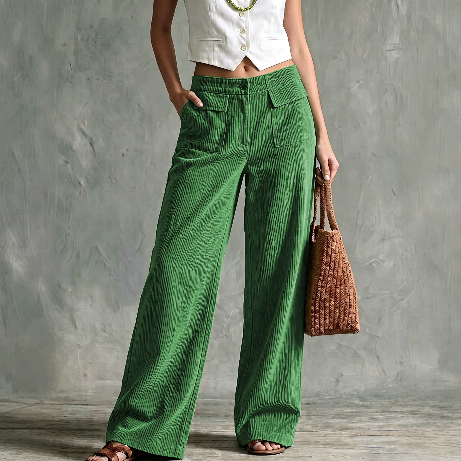 Women's Corduroy Wide-Leg Pants High Waist Straight Two Pockets