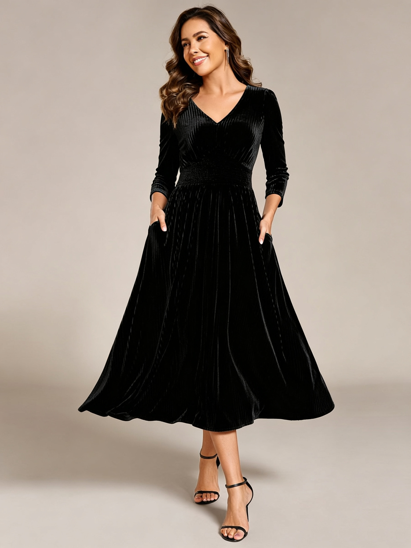V-Neck Long Sleeve A-Line Midi Dress