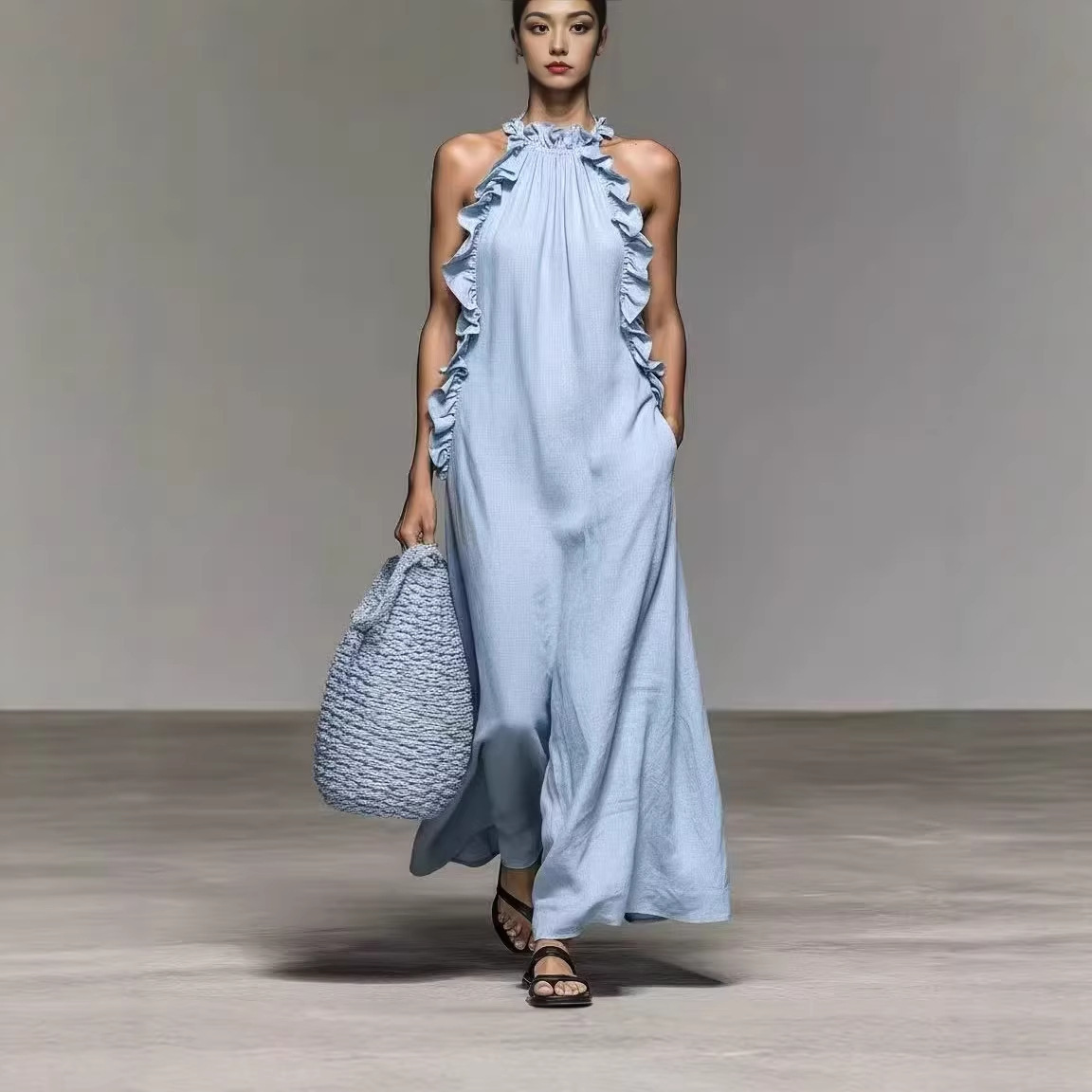 Women's Halter Ruffle Sleeveless Loose Fit Dress with Pockets