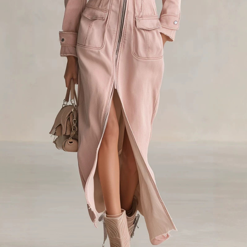 Pink Denim Shirt Dress Long Sleeve Collared Split Hem