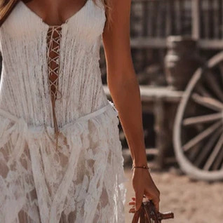 White Lace Maxi Dress Vintage Western Style Sleeveless U-Neck High Waist