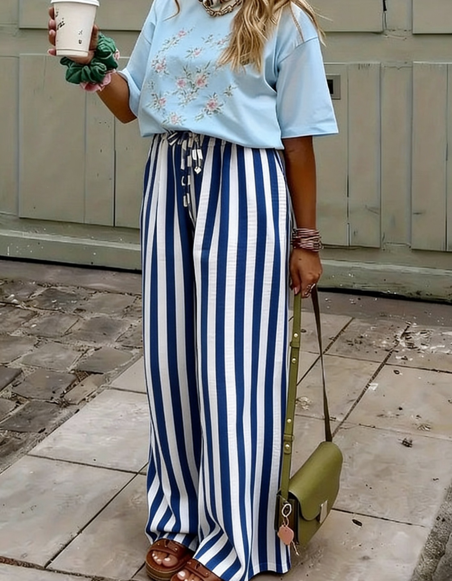Women's Loose Straight-Leg Striped Print Pants Casual Colorblock