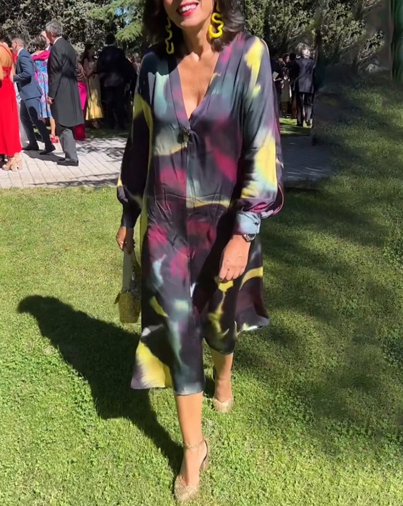 Women's Color-Block Print Deep V-Neck Long Sleeve Maxi Dress