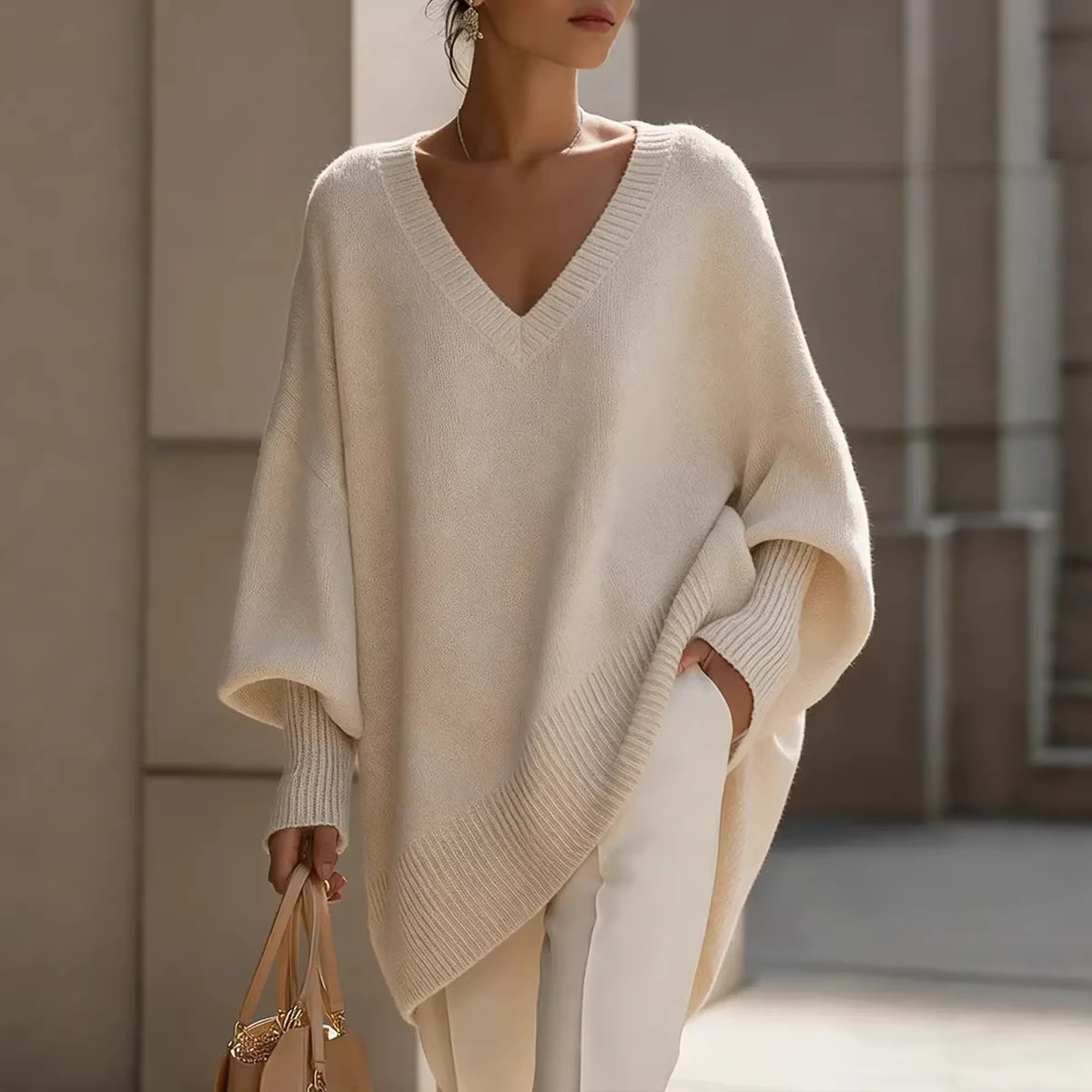 Women's Solid Color Long Sleeve V-Neck Knit Top